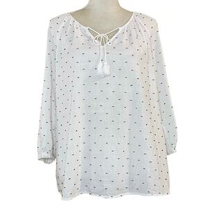 Merona White Navy Blue Neck Tie Cotton Peasant Tunic Top 3/4‎ Sleeve Sz M